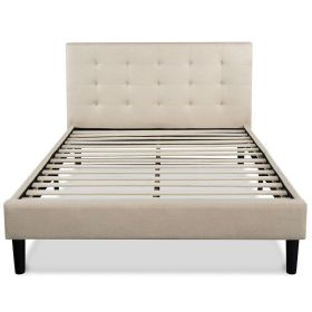 Platform Bed w/Button-Tufted Upholstered Headboard, Taupe, Full