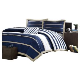 Comforter Set, Full/Queen, Navy Blue White Khaki Stripe