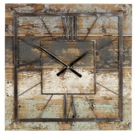 Industrial Square Wall Clock, Analog, 27.5", Wood & Metal