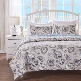 Reversible Coastal Beach Shell Quilt Set, 2-3 Piece Set, Twin or King