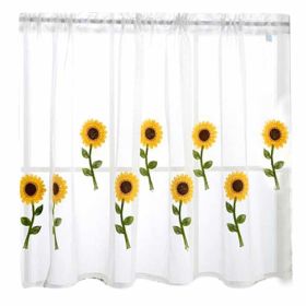 Half Cafe Window Curtain, White with Embroidered Sunflower
