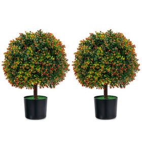 Artificial Boxwood Topiary Ball Tree with Orange Fruit, 6" x 6" x 5", Set of 2