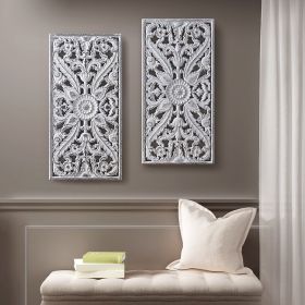 Botanical Panel Distressed Carved Wood Wall Decor, 2-Piece Set, Whitewash