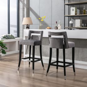 Barstool Dining Chair, 30" Seat height, Set of 2, Gray Suede velvet