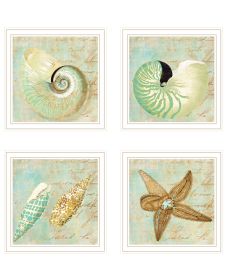 "Ocean Collection" Vignette Wall Art Print, 14" x 14", White Frame, Set of 4