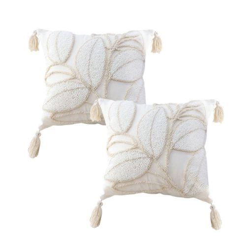 Velvet Leaf Throw Pillow, Velvet, 18", Set of 2, Cream/Beige TopStitching