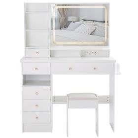 Left Drawer Vanity Dresser Table with Stool, 41", White