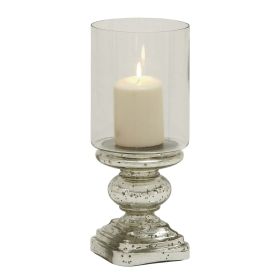 Handmade Turned Style Pillar Hurricane Lamp with Faux Mercury Glass Finish, 14"