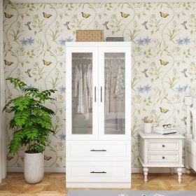 Armoire Wardrobe Closet with Glass Doors and 2 Drawers, 22" x 32" x 71", White