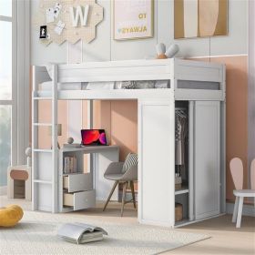 3-In-1 Loft Bed with Desk and Wardrobe, Twin, White