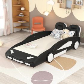 Race Car-Shaped Platform Bed with Wheels, Twin, 89" x 43.75", Black / White