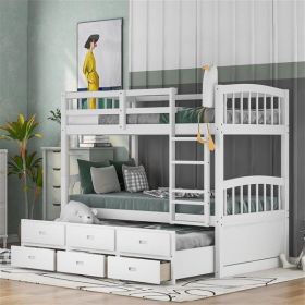 Twin over Twin Bunk Bed with Trundle and Drawers, White