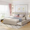 Upholstered Platform Bed, 2 Drawers and Trundle, Queen Size, Dark Beige