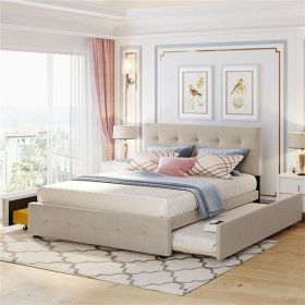Upholstered Platform Bed, 2 Drawers and Trundle, Queen Size, Dark Beige
