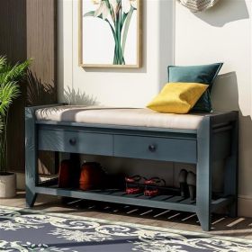 Cushioned Seat Shoe Rack with Drawers, Entryway Storage Bench, Navy/Beige