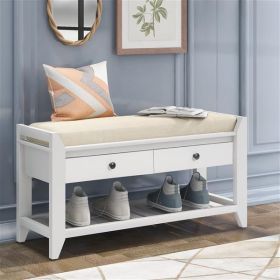 Cushioned Seat Shoe Rack with Drawers, Entryway Storage Bench, White/Beige
