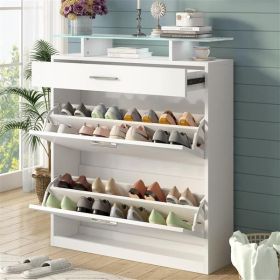 Slim Shoe Cabinet with 2 Flip Drawers, Tempered Glass Top – White Finish