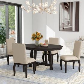 Farmhouse Extendable Round Dining Table Set, with 4 Upholstered Chairs, Espresso