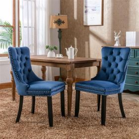 Tufted Upholstered Dining Chair, Wood Legs, 2 Piece Set, Blue Velvet