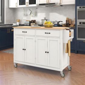 4-Door Kitchen Island, Wood Top, Locking Wheels, 54.3" Long, White