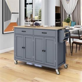 4-Door Kitchen Island, Wood Top, Locking Wheels, 54.3" Long, Grey Blue