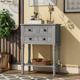 Narrow Console Table with 3 Drawers and Bottom Shelf, Gray