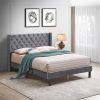 Button Tufted Upholstered Platform Bed, Queen, Gray Velvet