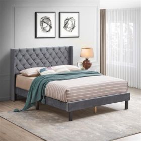 Button Tufted Upholstered Platform Bed, Queen, Gray Velvet