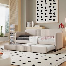 Upholstered Daybed with Trundle, Twin Size, Beige Velvet