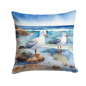 Gulls Scavenging By the Sea Throw Pillow, 14" x 14"