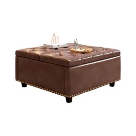 Mid-Century Storage Coffee Table/Ottoman with Nail-Head Trim, Brown PU leather