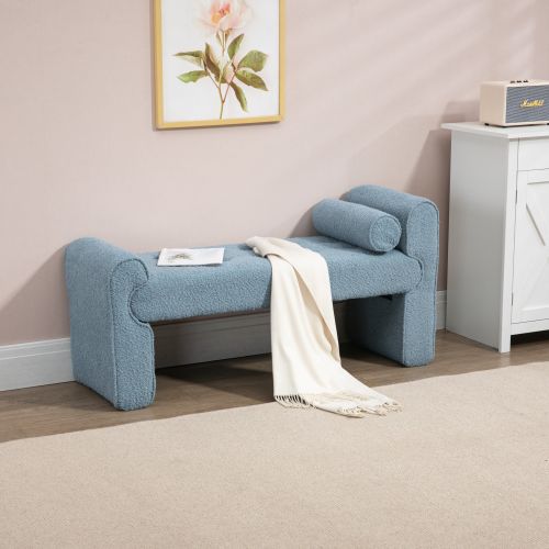 Modern Mid-Century Upholstered Ottoman Bench, 49" x 16" x 23.5", Blue Boucle