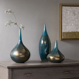 Decorative Glass Vases, 3-Piece Set, Blue/Bronze