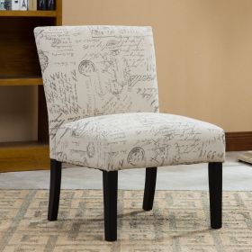 English Letter Print Fabric Armless Contemporary Accent Chair, Taupe and Cream