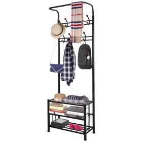 Metal Coat/Shoe Hall Tree, 3-Tier Shoe Bench, 18 Coat Hooks