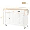 4-Door Kitchen Island, Wood Top, Locking Wheels, 54.3" Long, White