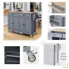 4-Door Kitchen Island, Wood Top, Locking Wheels, 54.3" Long, Grey Blue
