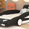 Race Car-Shaped Platform Bed with Wheels, Twin, 89" x 43.75", Black / White