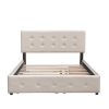 Upholstered Platform Bed, 2 Drawers and Trundle, Queen Size, Dark Beige