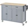 4-Door Kitchen Island, Wood Top, Locking Wheels, 54.3" Long, Grey Blue