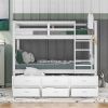 Twin over Twin Bunk Bed with Trundle and Drawers, White