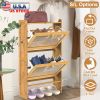 Slim Shoe Cabinet with 2 Flip Drawers, Bamboo
