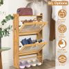 Slim Shoe Cabinet with 2 Flip Drawers, Bamboo