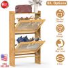 Slim Shoe Cabinet with 2 Flip Drawers, Bamboo