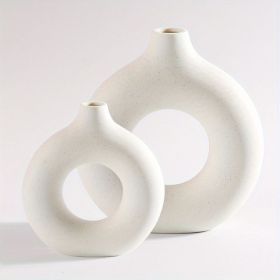 Boho Ceramic Circle Donut Vase, White, 2 Sizes or the Set (Color: Beige, size: Small + Large Vase)