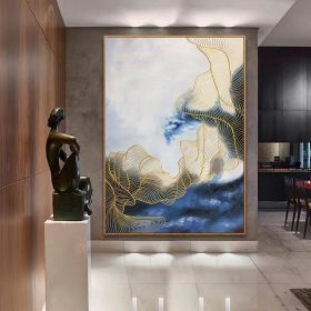 Handmade Abstract Rolling Waves Painting, 5 Sizes, Blue, Gold & Beige (Style: 004, size: 90x120cm)