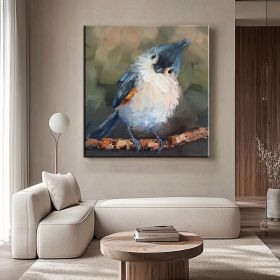 Hand Painted Tufted Titmouse Bird Oil Painting, 7 Sizes, Blue/Green/Gray (Style: 01, size: 60x60cm)