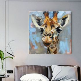 Hand Painted Fine Art Giraffe Portrait Oil Painting, 7 Sizes, Browns/Blues (Style: 01, size: 80x80cm)