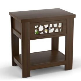 Retro End Table w/ Mirrored Glass Drawer and Open Shelf, 2 Colors (Color: Brown)