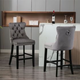 Button-Tufted Velvet Upholstered Barstools, Chrome Nailhead Trim, Set of 2, Gray (Color: as Pic)